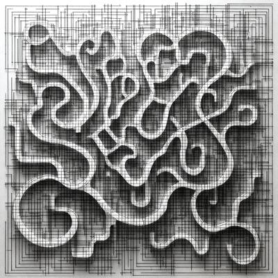The primary subject of the image is a complex, intricate, and abstract design. The setting is a white background, which provides a clean and minimalist appearance. The visual style is a combination of digital art and illustration, creating a unique and artistic representation. The colors and mood of the image are predominantly black and white, giving it a modern and sophisticated feel.